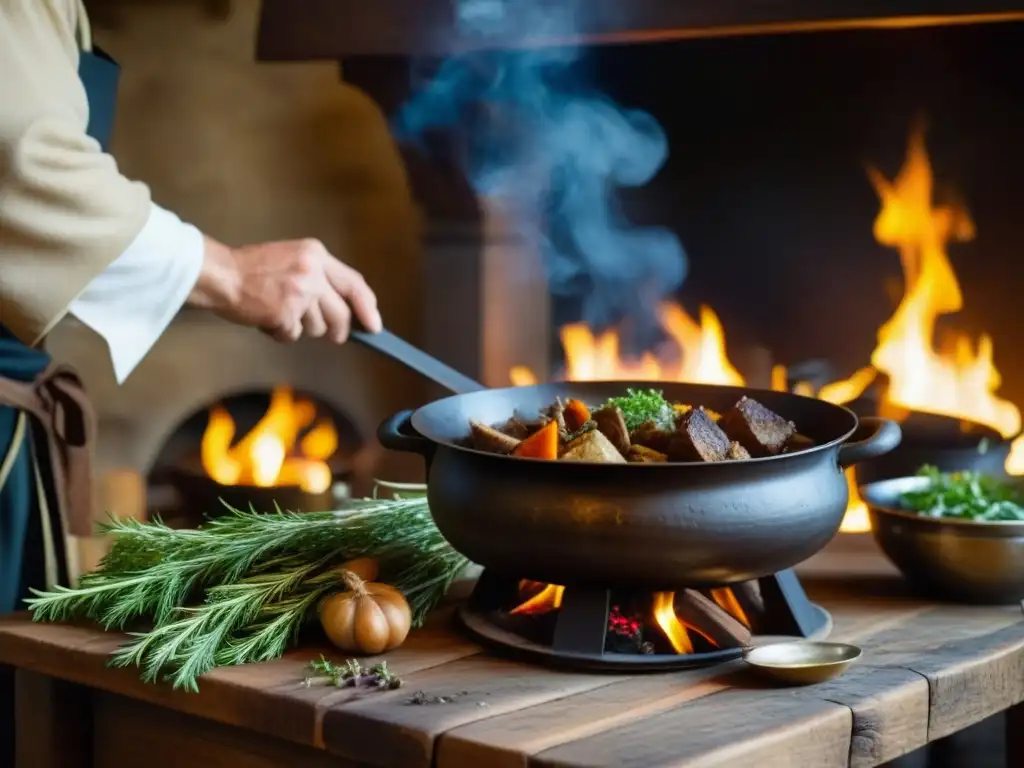 Un ambiente medieval cálido y detallado de una cocina con recetas históricas cocina medieval, resaltando el fuego, calderos, hierbas y chef