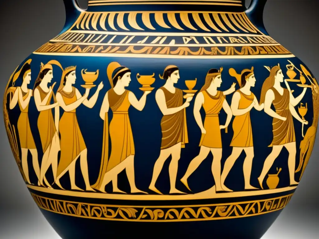 Amphora de la antigua cocina mitológica de Grecia: escenas detalladas de banquetes y figuras mitológicas en cerámica griega