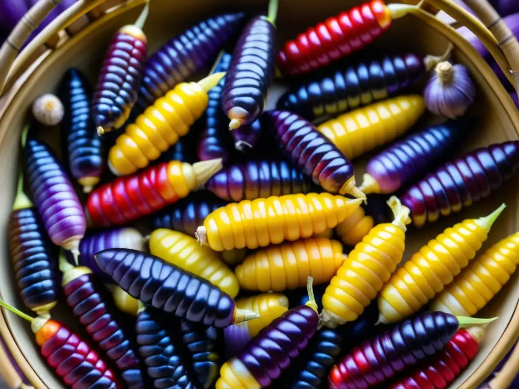 Maíz ancestral en cesto de fibras naturales, cultivos orgánicos ancestrales impacto, colores vibrantes y textura detallada