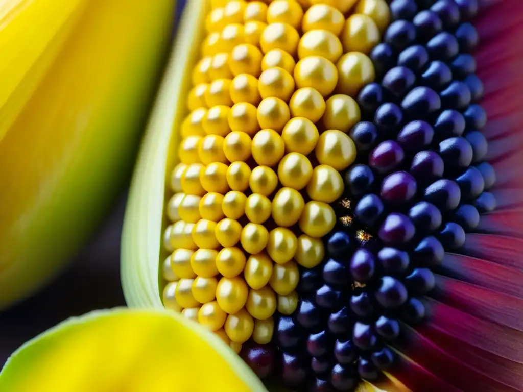 Maíz ancestral en colores vibrantes y detallados, listo para recetas con superalimentos precolombinos modernos