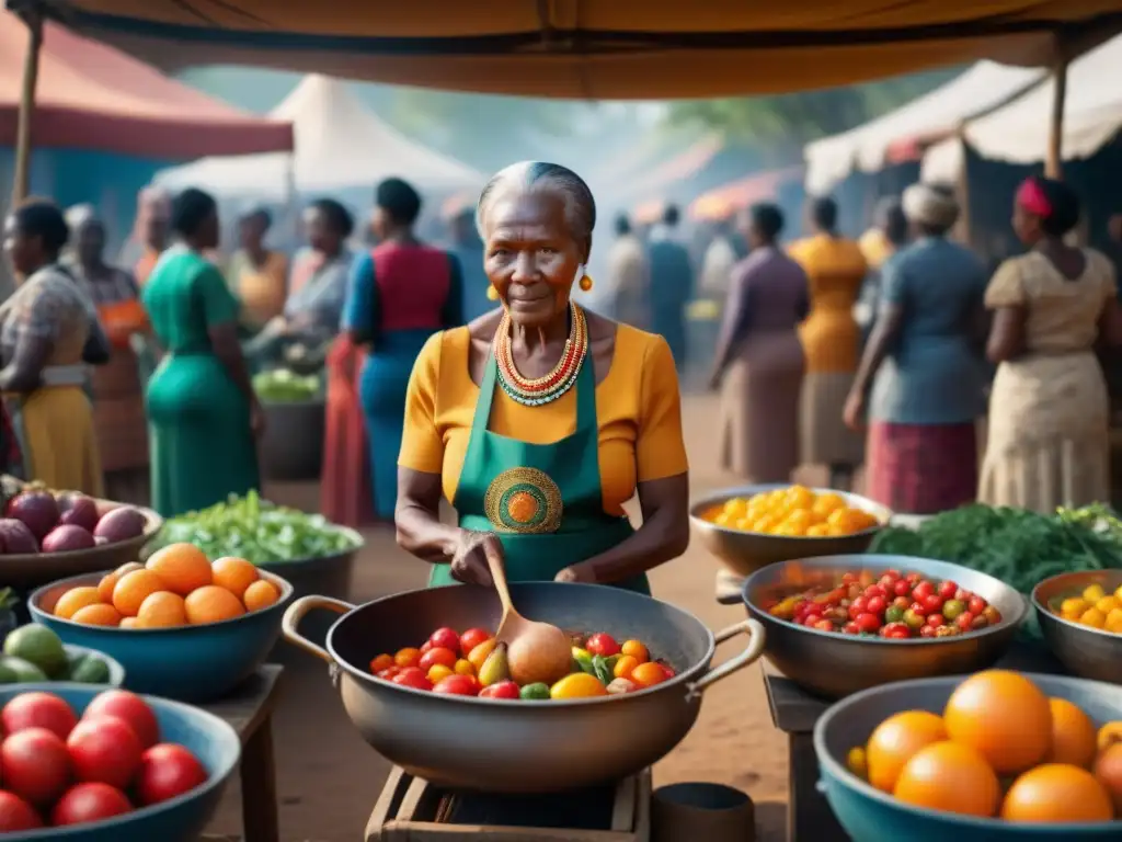 Una anciana africana, preparando un plato tradicional mientras jóvenes aprenden