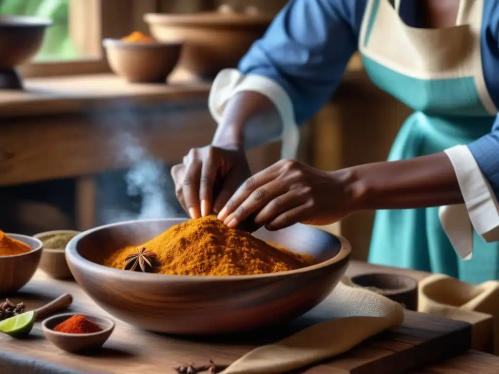 Una anciana africana preparando recetas coloniales africanas con contexto en una cocina rústica