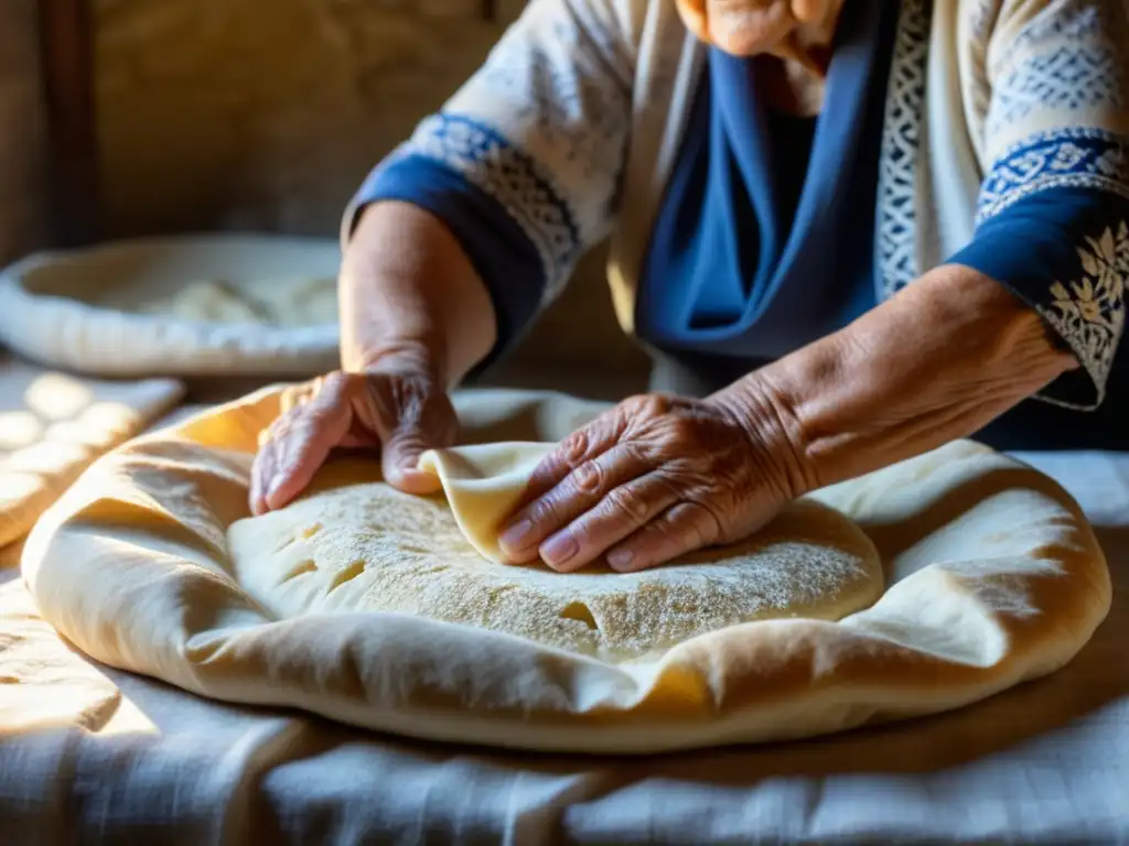 Una anciana armenia experta en estirar masa de pan Lavash en almohada tradicional, mostrando el significado cultural del pan Lavash