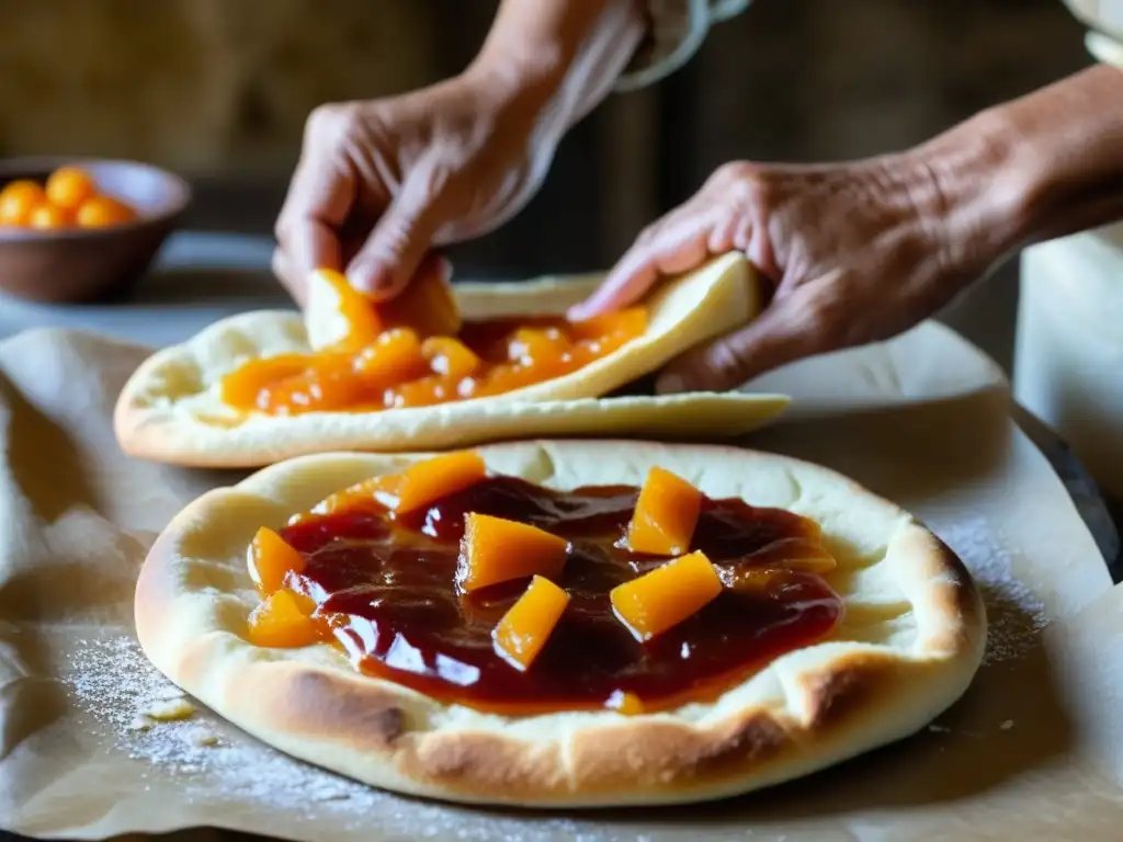 Una anciana armenia extiende mermelada de albaricoque casera en lavash tradicional, destacando colores dorados en textura rústica