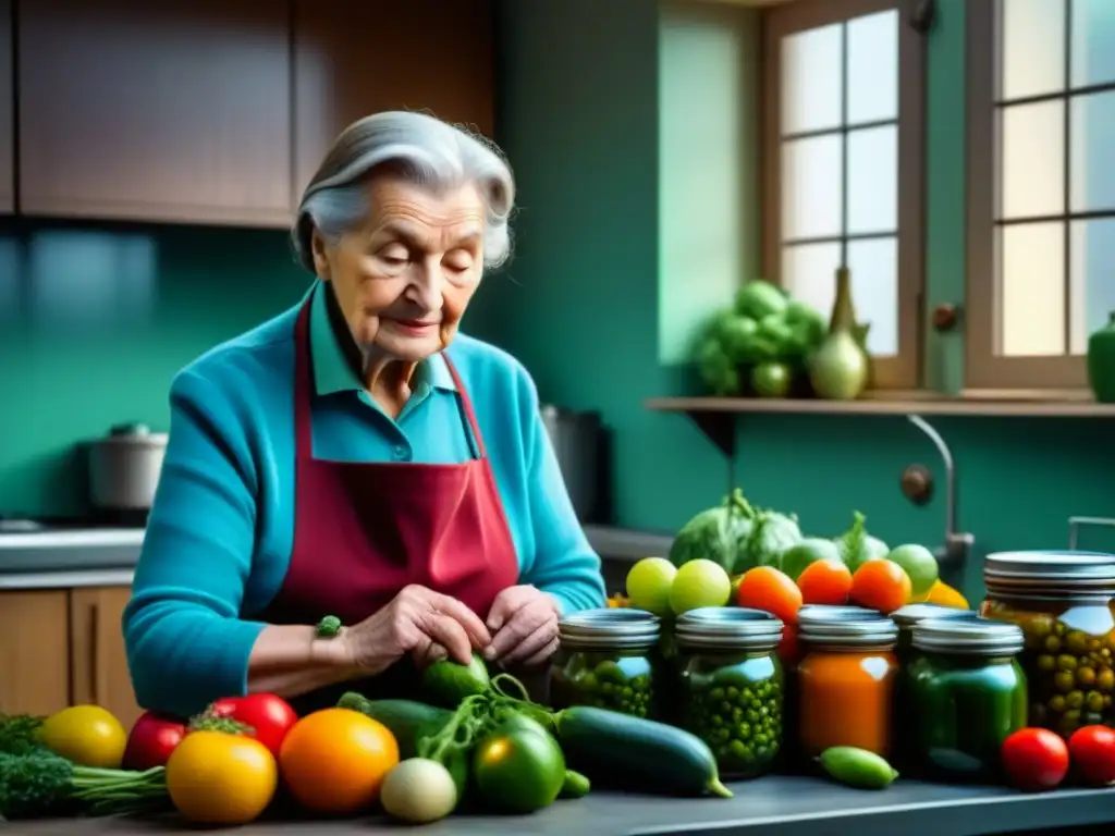 Una anciana en una cocina de Europa del Este durante la Guerra Fría, expertamente conservando alimentos en frascos de cristal