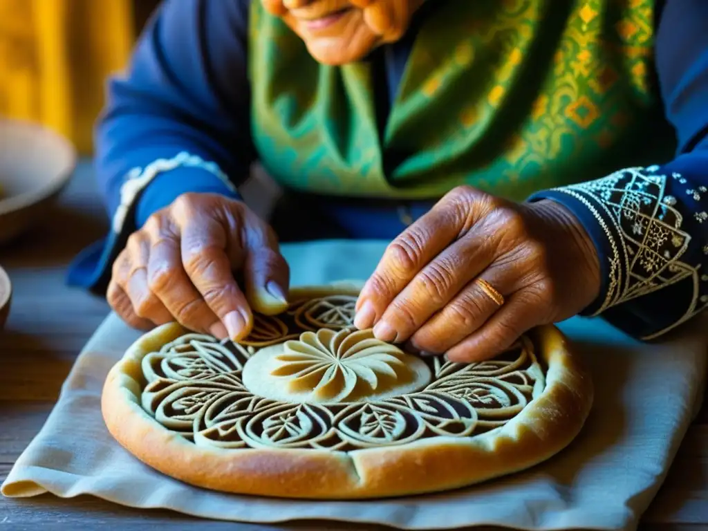 Una anciana uzbeka elabora decoraciones en pan tradicional 'non', en cocina típica, recetas históricas cultura Festival Gastronómico