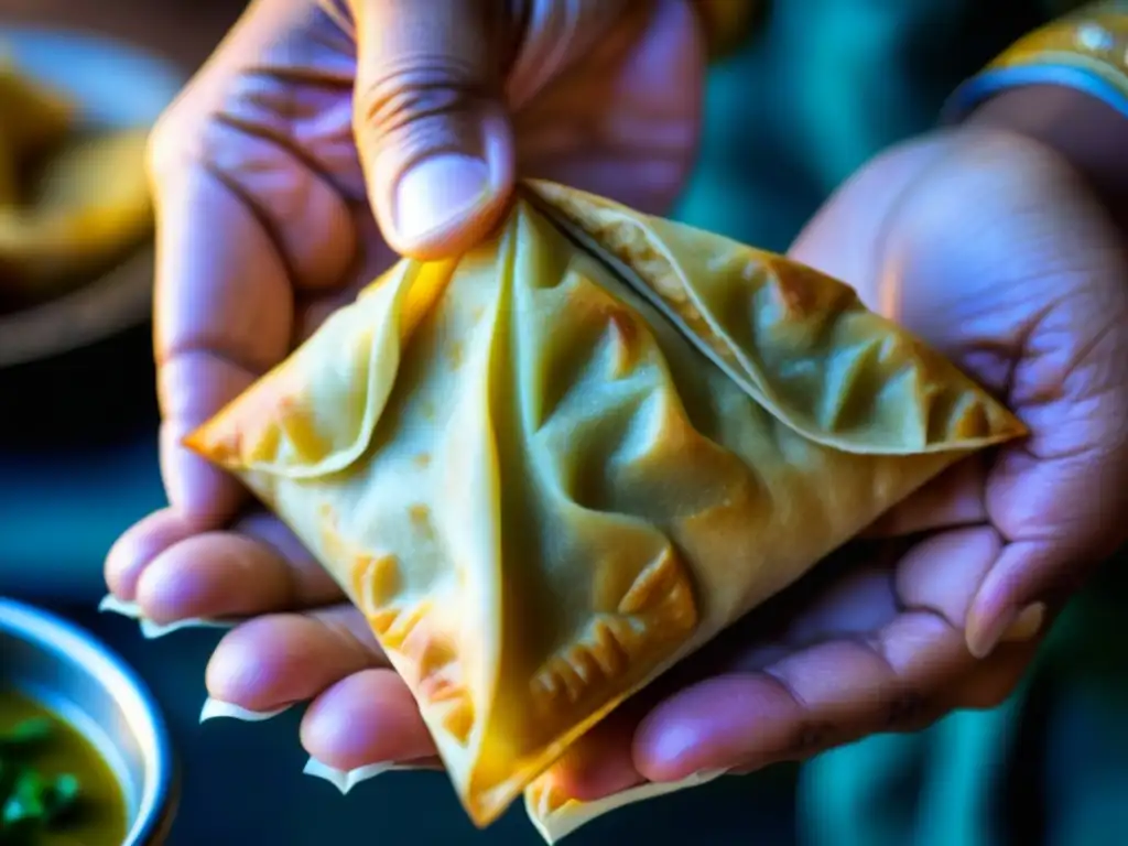 Una anciana dobla con delicadeza un samosa vibrante, revelando la artesanía y significado cultural de esta receta histórica en un contexto ancestral