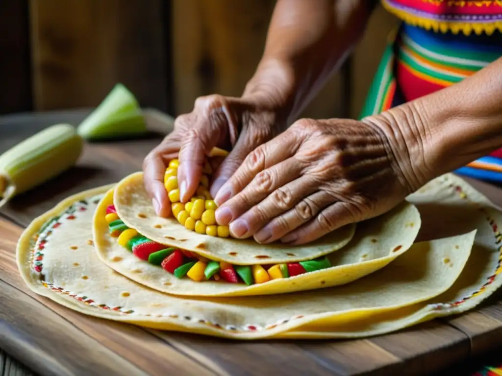 Una anciana experta elaborando una colorida tortilla mexicana en una cocina tradicional