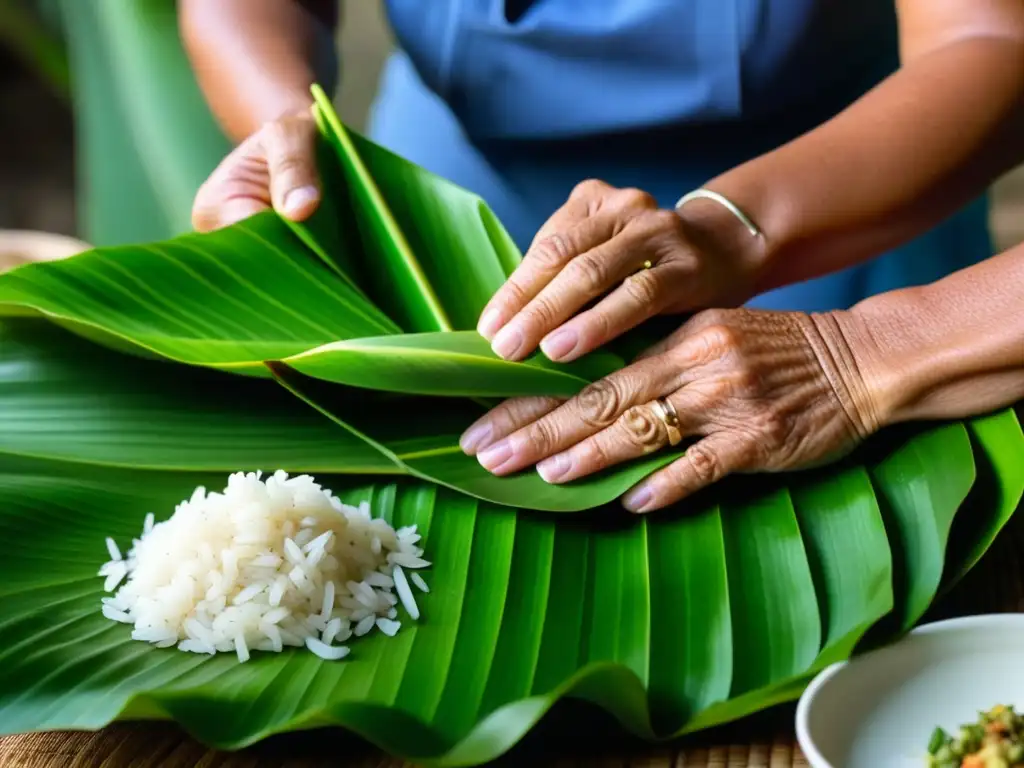 Manos expertas preparando plato sagrado del Pacífico Una anciana experta prepara con devoción una comida sagrada del Pacífico, destacando la influencia de la religión en la cocina