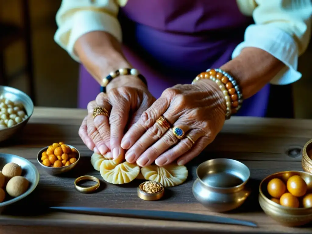 Una anciana experta en dulces tradicionales en tiempos de guerra, con manos desgastadas y llenas de historia y elegancia