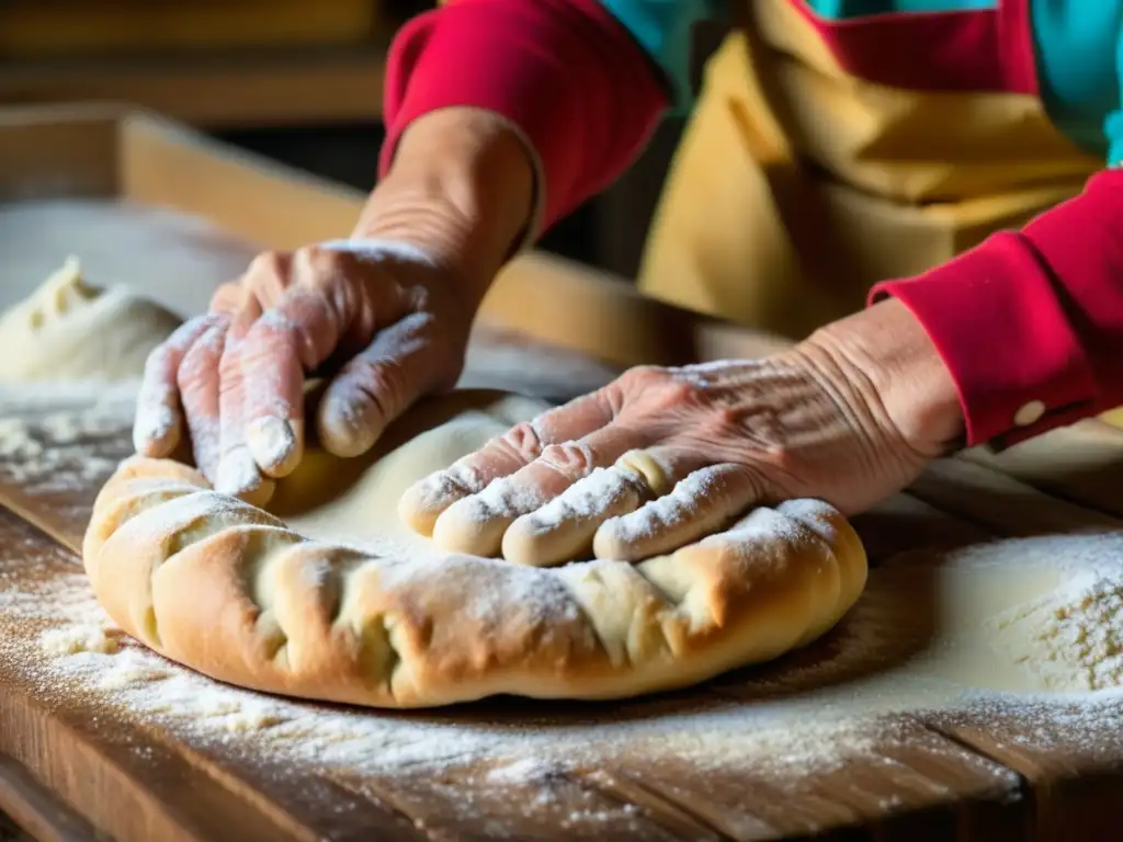 Una anciana experta amasa masa en una cocina acogedora, con estantes llenos de especias y utensilios