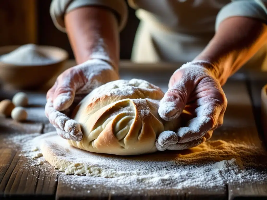 Una anciana experta amasa masa en una mesa de madera, transmitiendo tradición culinaria