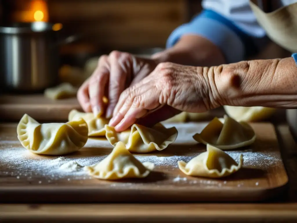 Una anciana experta moldea pierogi en cocina rústica comunista Europa Este Innovaciones culinarias