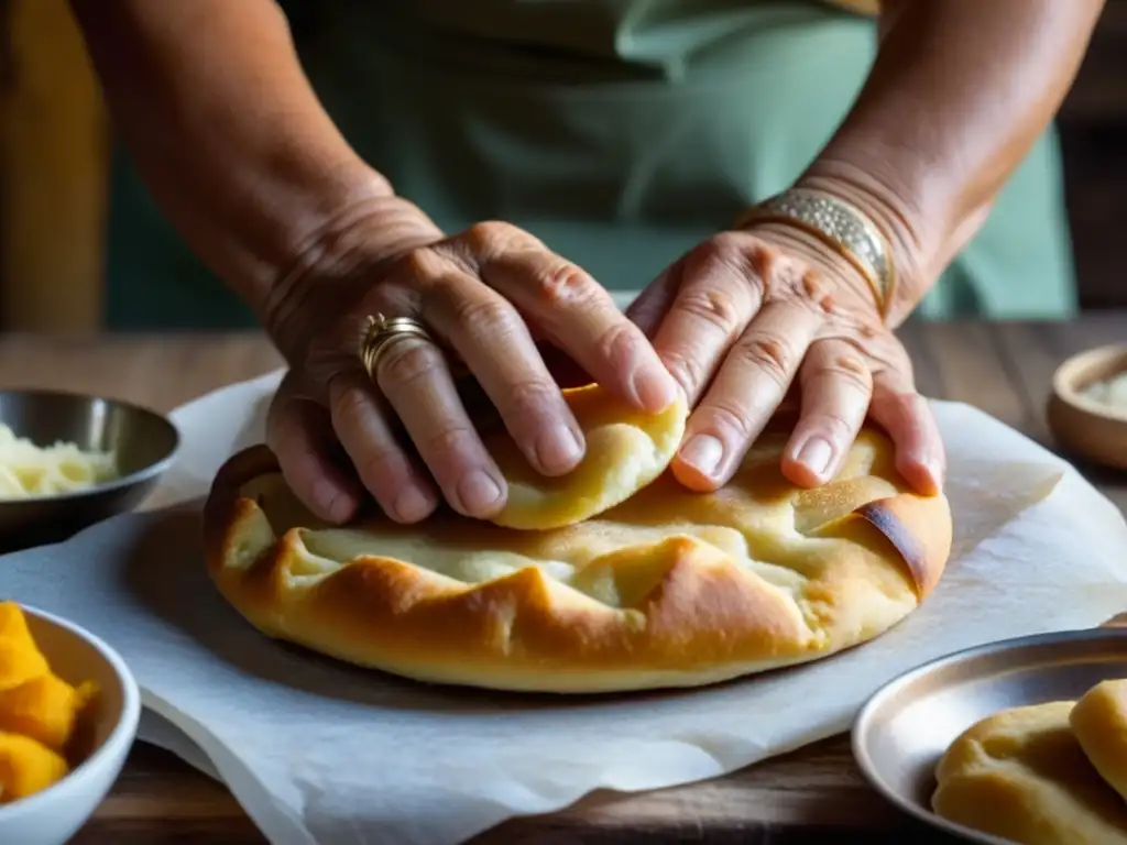 Una anciana experta moldea una torta frita en una cocina patagónica; refleja la tradición y artesanía