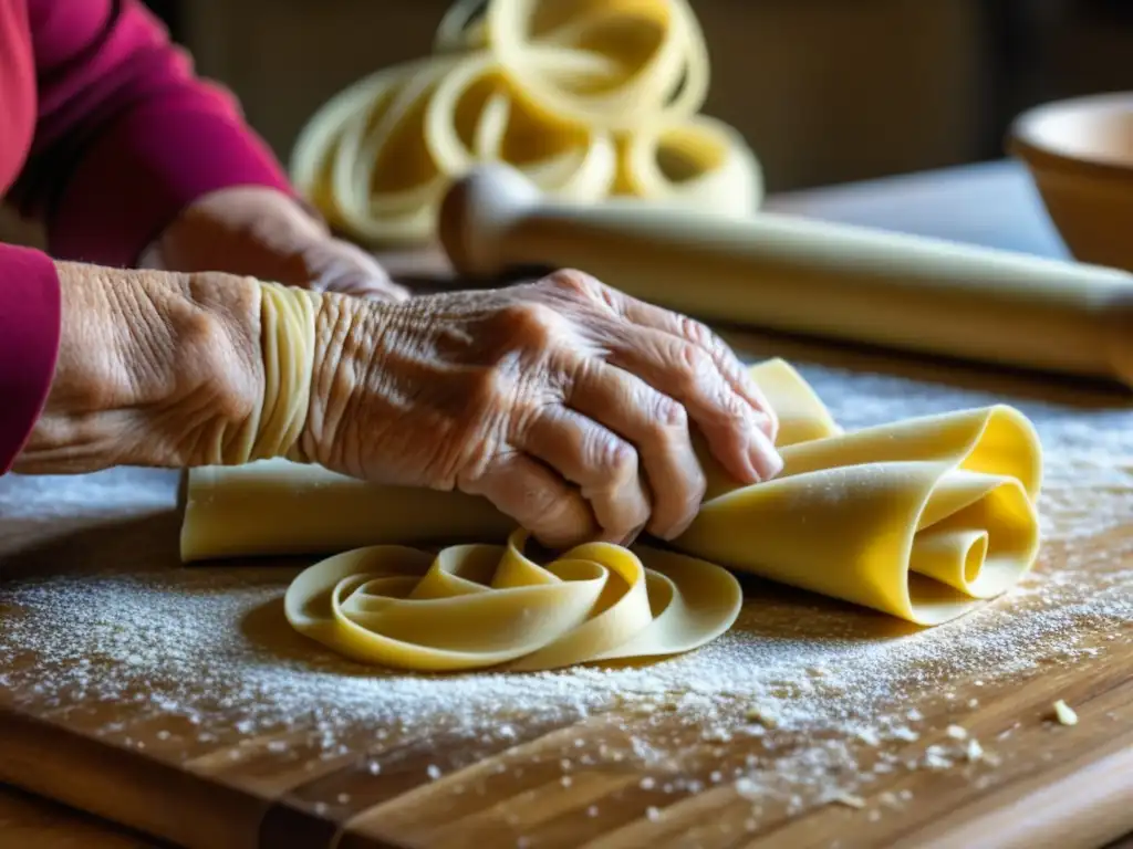 Una anciana italiana experta en hacer pasta tradicionalmente, amasa la masa con maquinas hacer pasta tradicion en un entorno cálido y nostálgico