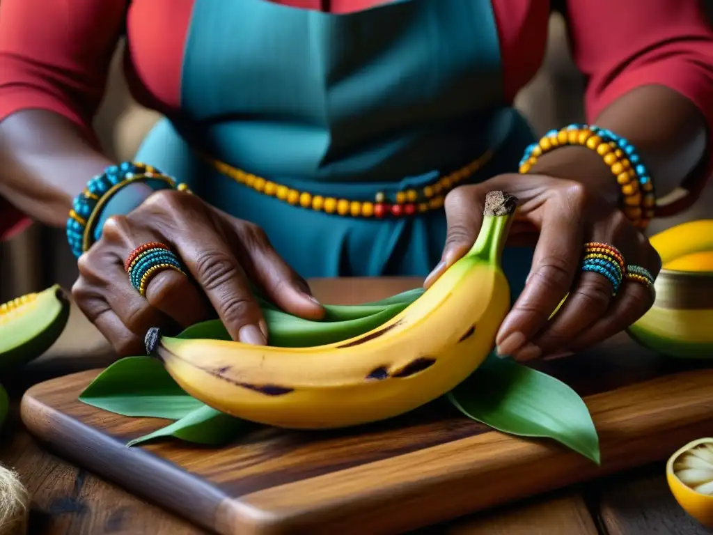 Una anciana caribeña pela plátano maduro en cocina tradicional con yuca