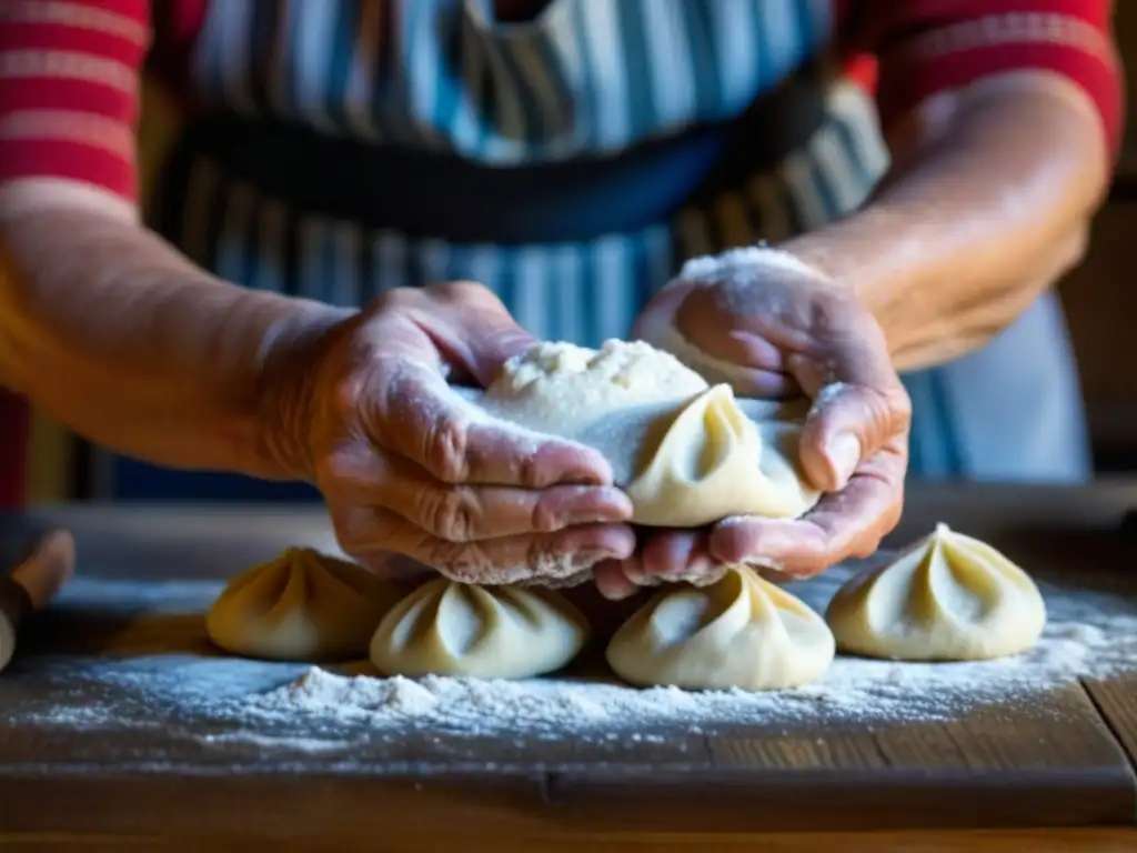 Una anciana amasa habilidosamente masa para dumplings en cocina rústica, destacando innovaciones culinarias Europa Este comunista