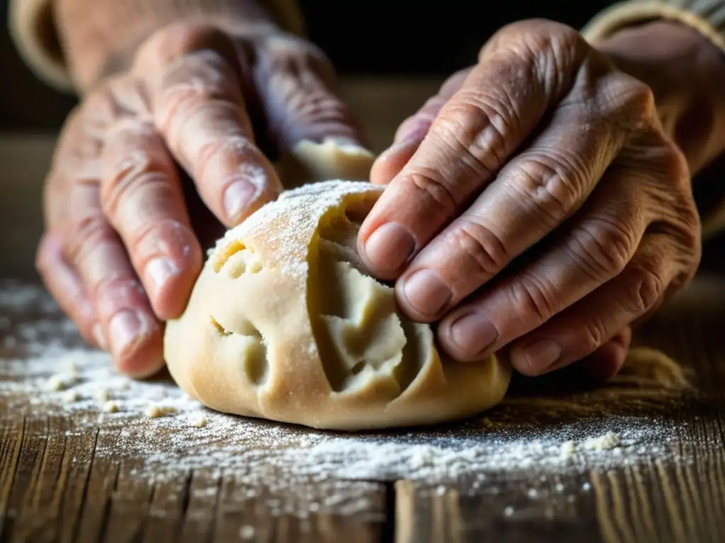 Una anciana moldea masa en una mesa de madera, con recetas familiares de la Gran Depresión