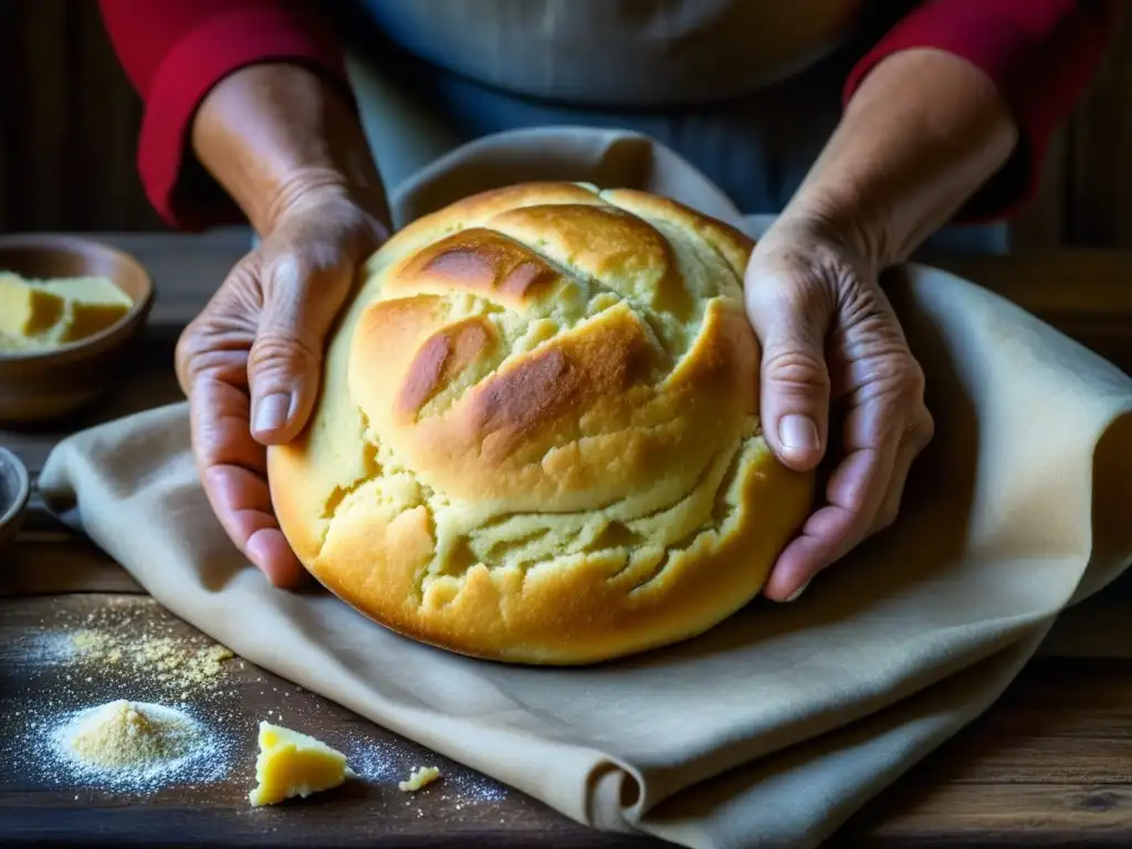 Una anciana amasa masa de pan de maíz en una mesa rústica, evocando importancia cultural pan maíz