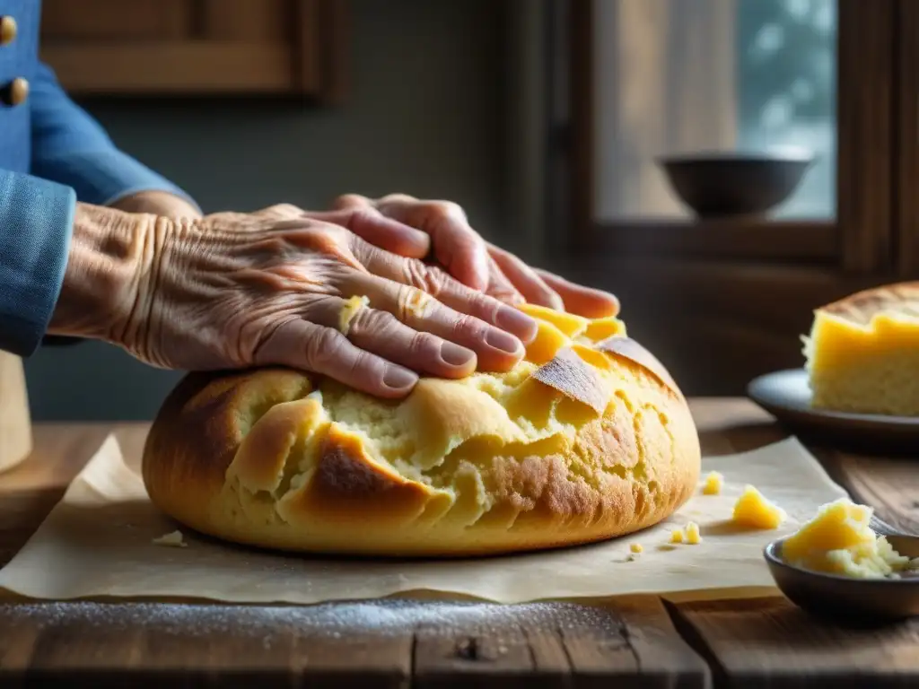 Una anciana amasa masa de pan de maíz en mesa de madera