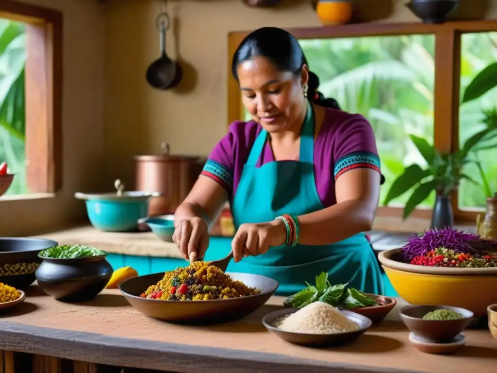 Una anciana maya prepara con destreza una receta tradicional usando ingredientes locales, en una cocina rústica