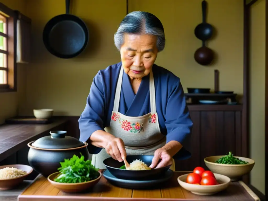 Una anciana okinawense preparando una comida tradicional en su humilde cocina, mostrando la esencia de la Dieta longevidad Okinawa historia cultural