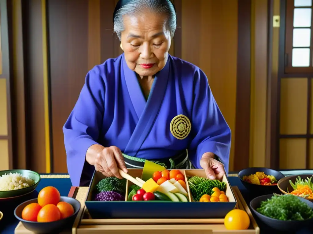 Una anciana okinawense prepara con esmero un bento lleno de colores y sabores, reflejo de la dieta longeva y la historia cultural de Okinawa