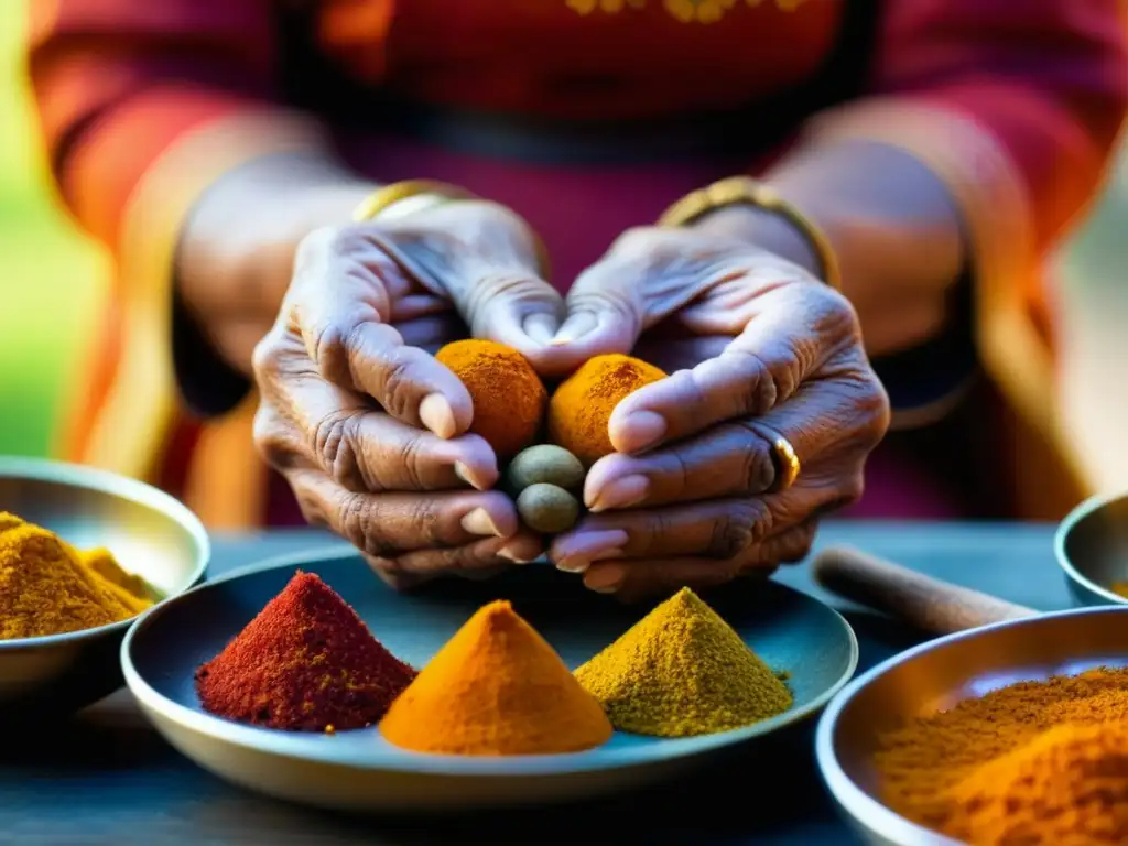 Una anciana sabia moldea especias en bolas coloridas, rodeada de turmeric, cardamomo y canela