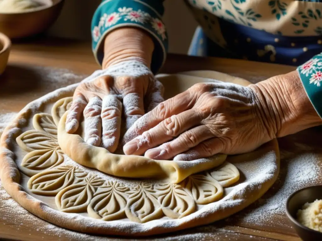 Una anciana sabia moldea masa con las manos en un antiguo ritual culinario