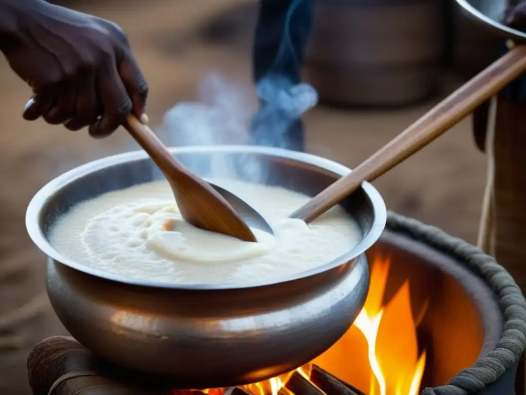 Un anciano africano remueve un caldero de porridge de sorgo sobre fuego