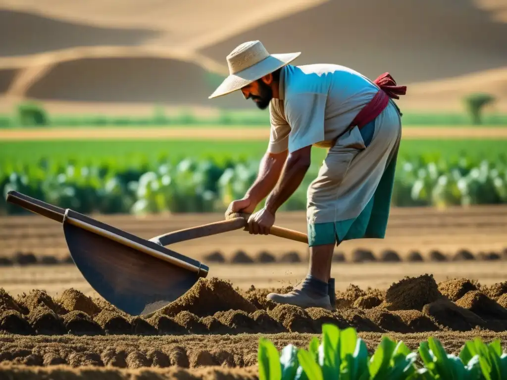 Un anciano agricultor en el Antiguo Oriente practica sostenibilidad al arar un campo soleado con un arado de madera tradicional