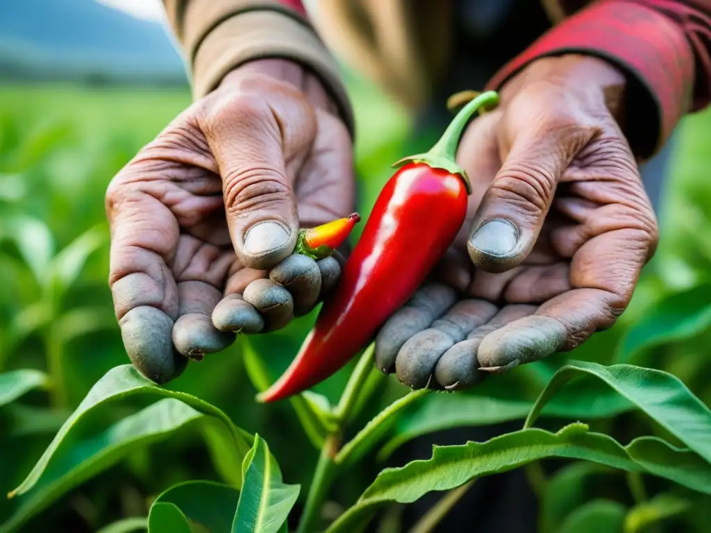 Un anciano agricultor en Sur Asia cosecha chiles rojos en un campo verde