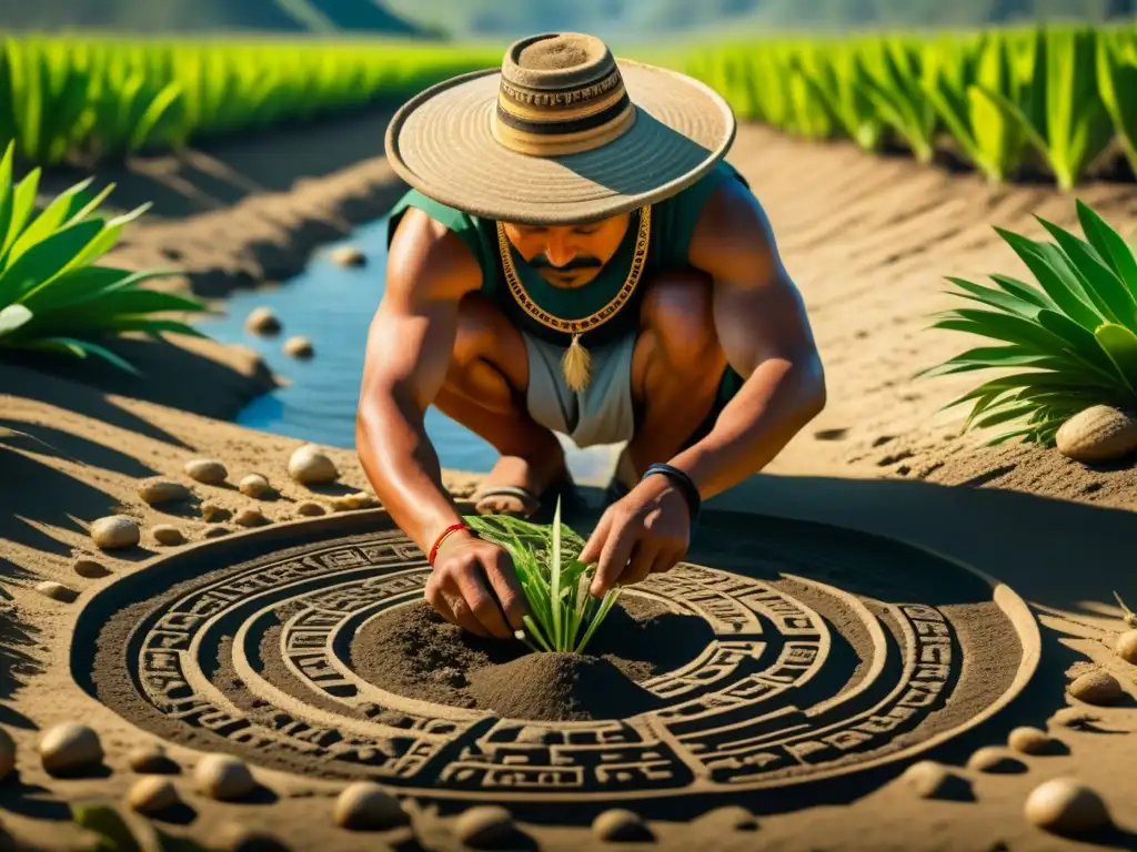 Un anciano agricultor azteca siembra con cuidado en una chinampa, mostrando la importancia de las técnicas agrícolas aztecas