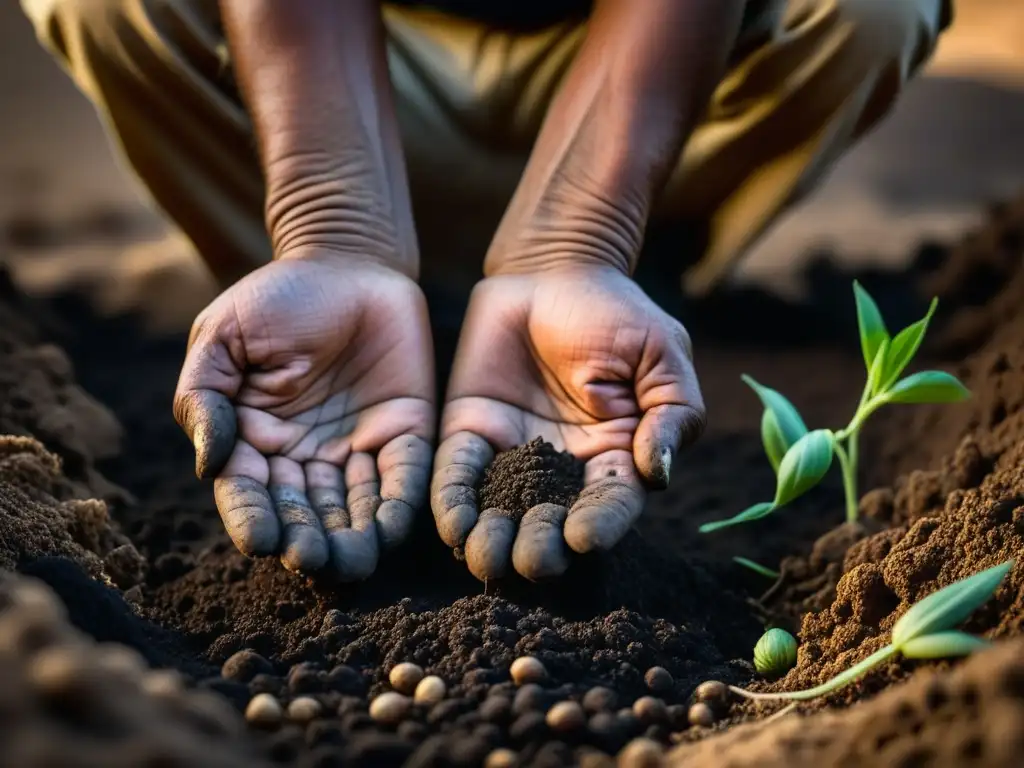 Un anciano agricultor egipcio siembra semillas ancestrales en la tierra oscura, mostrando el legado de la agricultura sustentable en Egipto