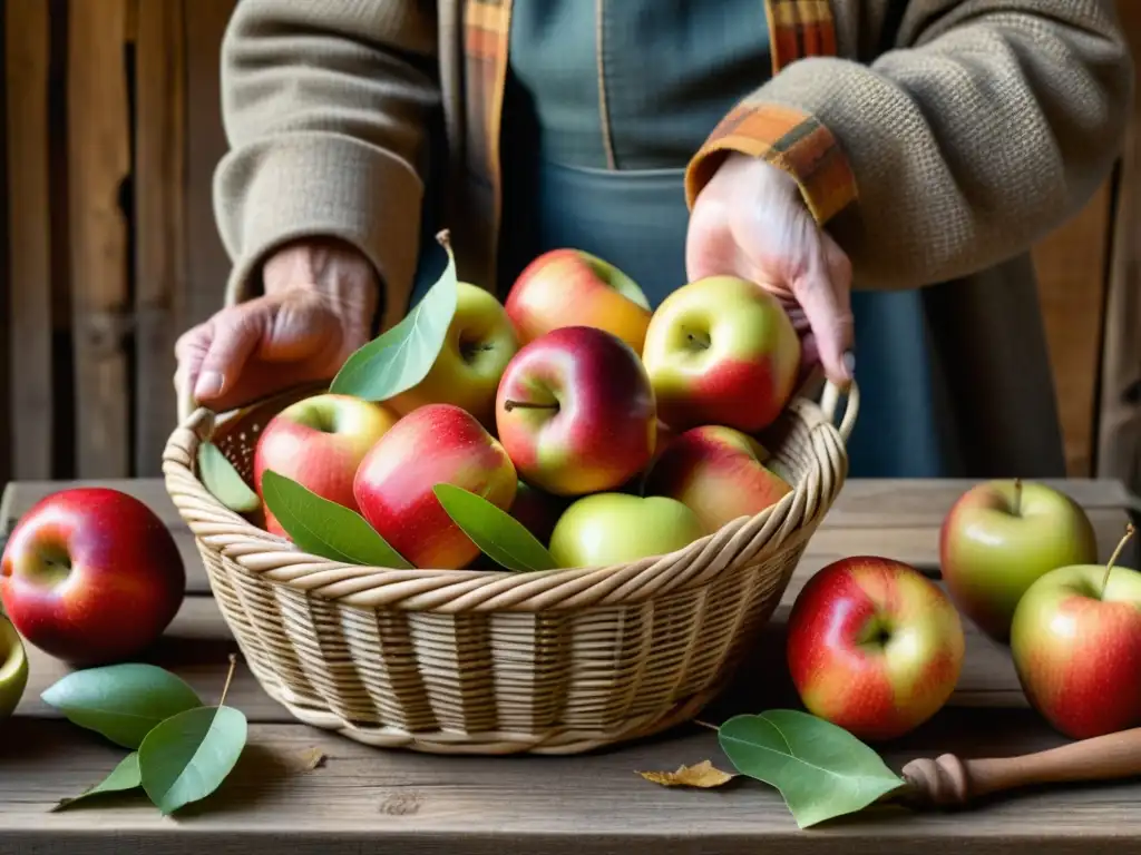 Manos sabias: recolección de manzanas orgánicas en cesta tejida Un anciano agricultor coloca manzanas en cesta tejida, reflejando dedicación a la agricultura orgánica en festividades históricas