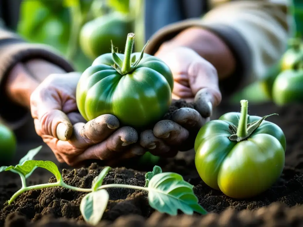 Un anciano agricultor cuida con sabiduría tomates heirloom en cultivo orgánico en la historia