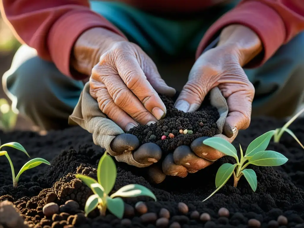 Un anciano agricultor siembra semillas heredadas con cuidado en la tierra oscura de su huerta, mostrando una conexión histórica con la autosuficiencia