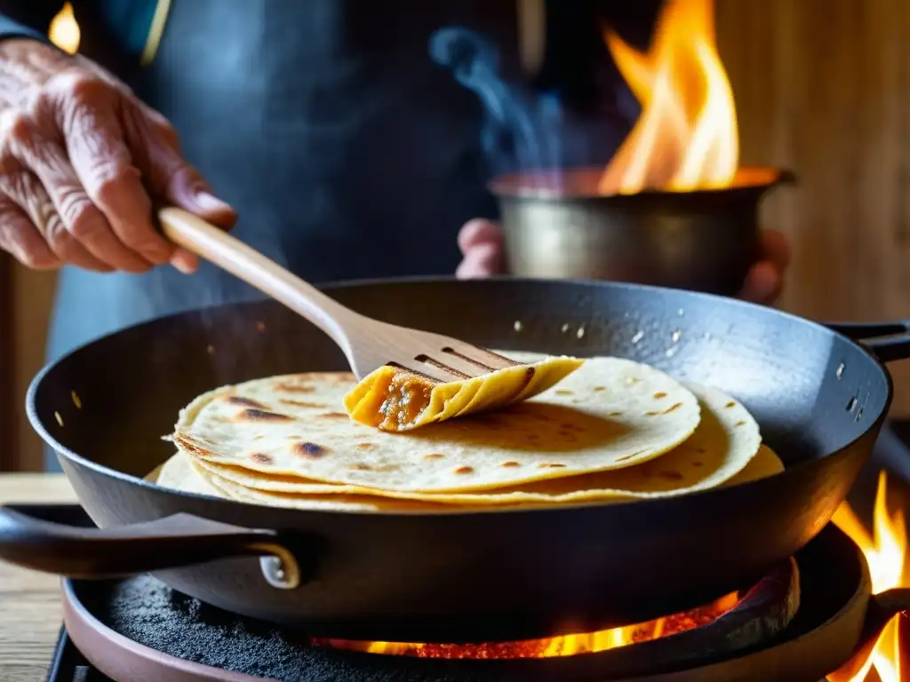 Manos sabias cocinando tortilla de oro en sartén de hierro Un anciano utiliza con amor una espátula de madera en Utensilios de cocina tradicionales renacimiento