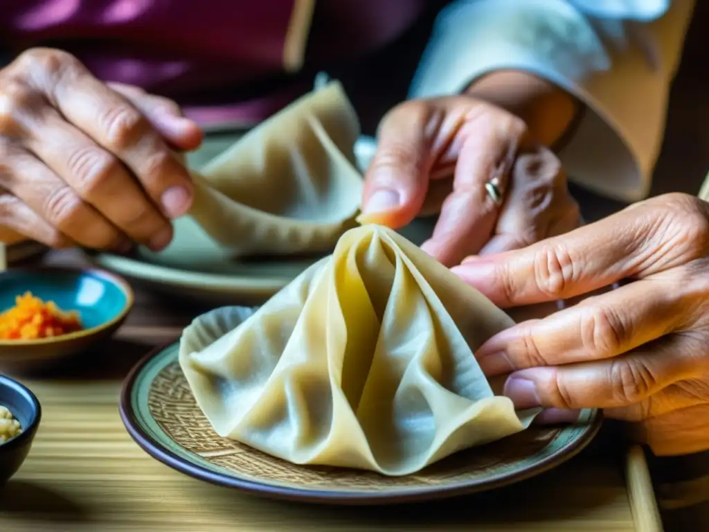 Un anciano chef asiático experto en dumplings, con manos hábiles y arrugas que cuentan historias, en un mercado vibrante