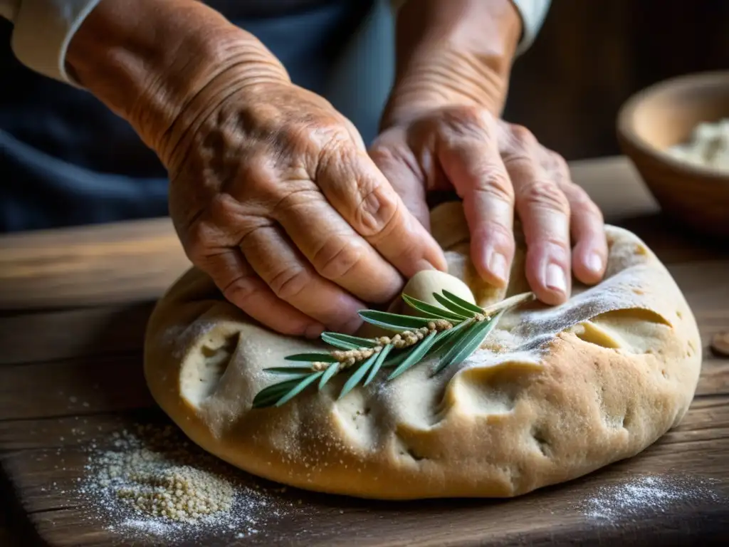 Un anciano experto en cocina tradicional, amasa una masa antigua en una mesa rústica de madera