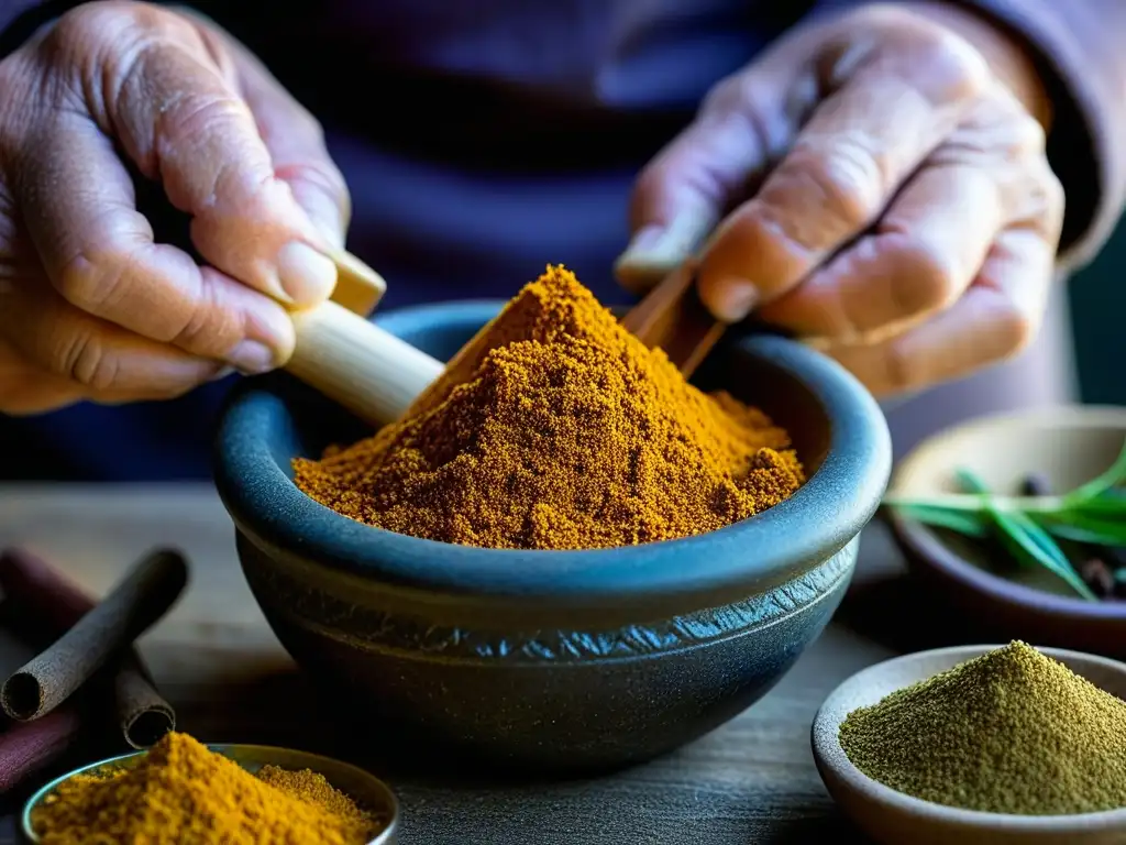 Un anciano experto muele especias en un mortero de piedra, evocando recetas históricas de culturas épocas