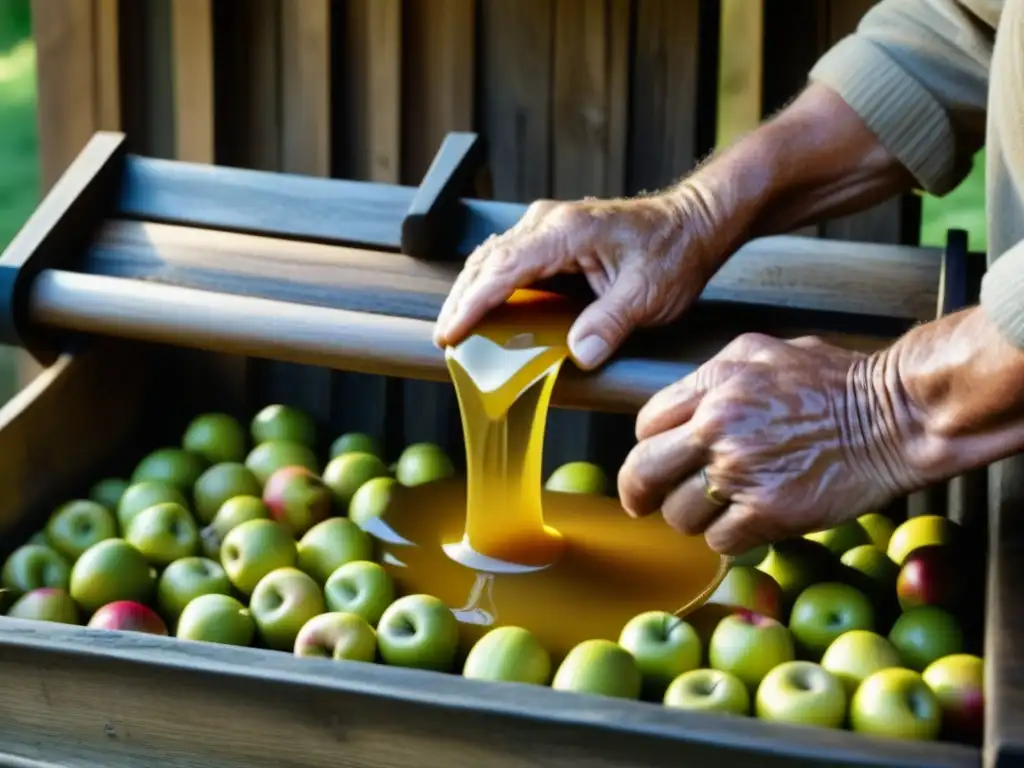 Un anciano fabricante de sidra exprime manzanas maduras en prensa de madera, mostrando la evolución de la sidra histórica