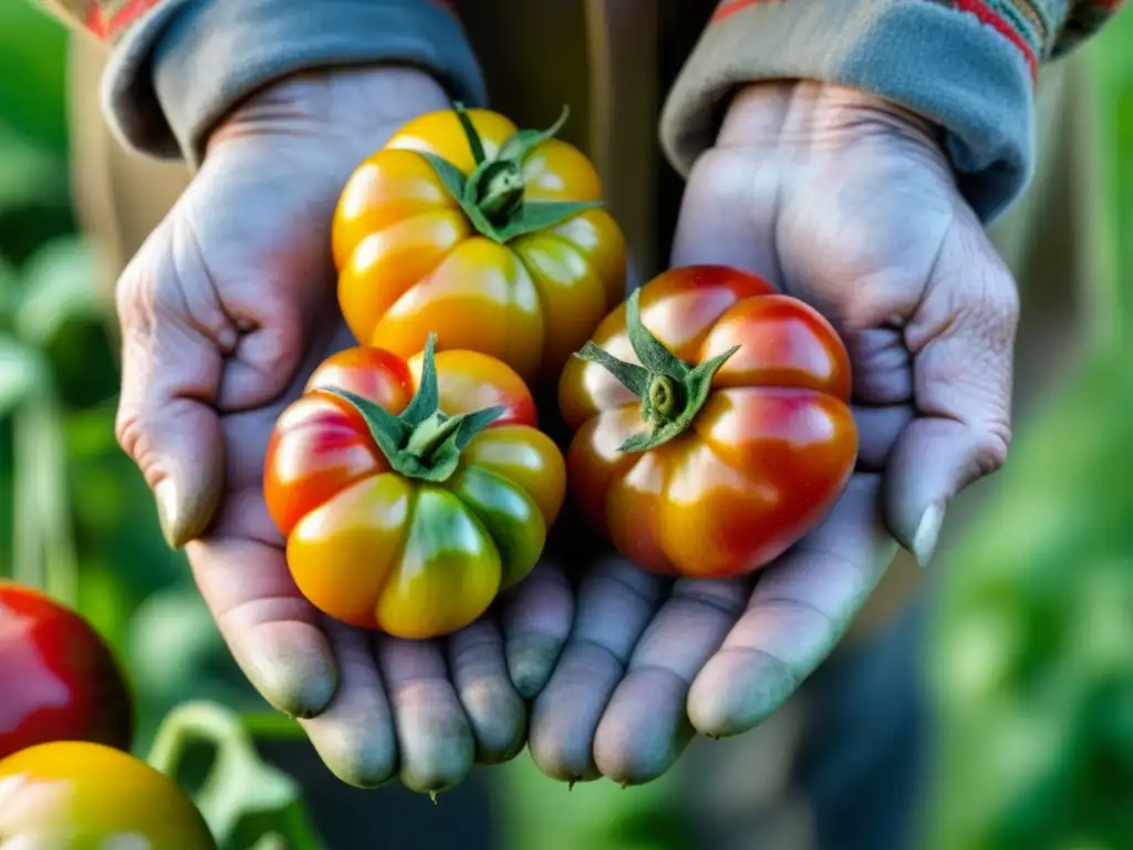 Un anciano granjero sostiene con cuidado tomates orgánicos, destacando la importancia de lo orgánico histórico en la agricultura