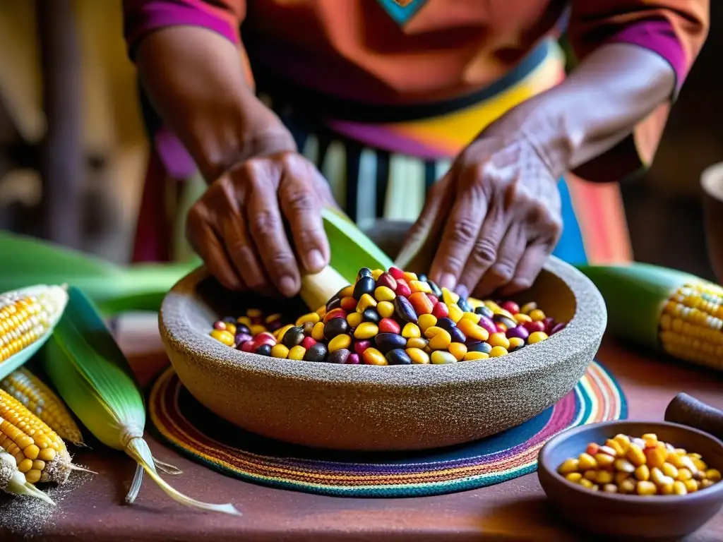 Un anciano indígena muele maíz en metate, conectando con recetas ancestrales y la historia culinaria