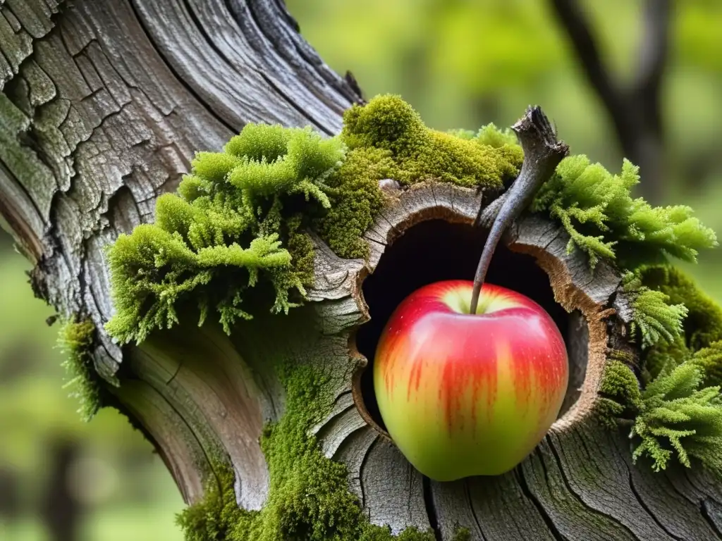 Un anciano manzano en una próspera huerta de la Patagonia, con manzanas rojas y musgo verde