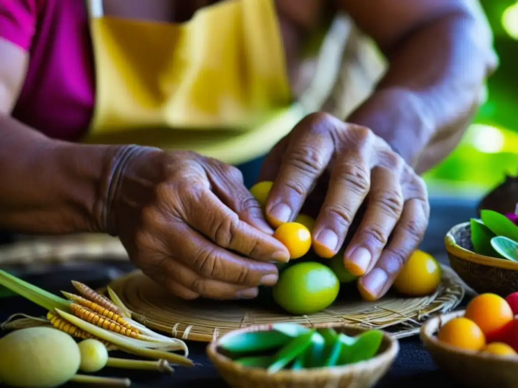 Un anciano de Micronesia prepara con destreza ingredientes, preservando recetas históricas de Micronesia