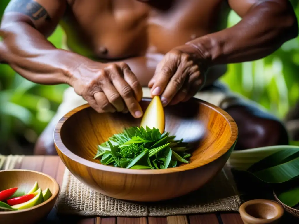 Un anciano de Micronesia prepara con destreza una receta histórica, preservando la tradición culinaria