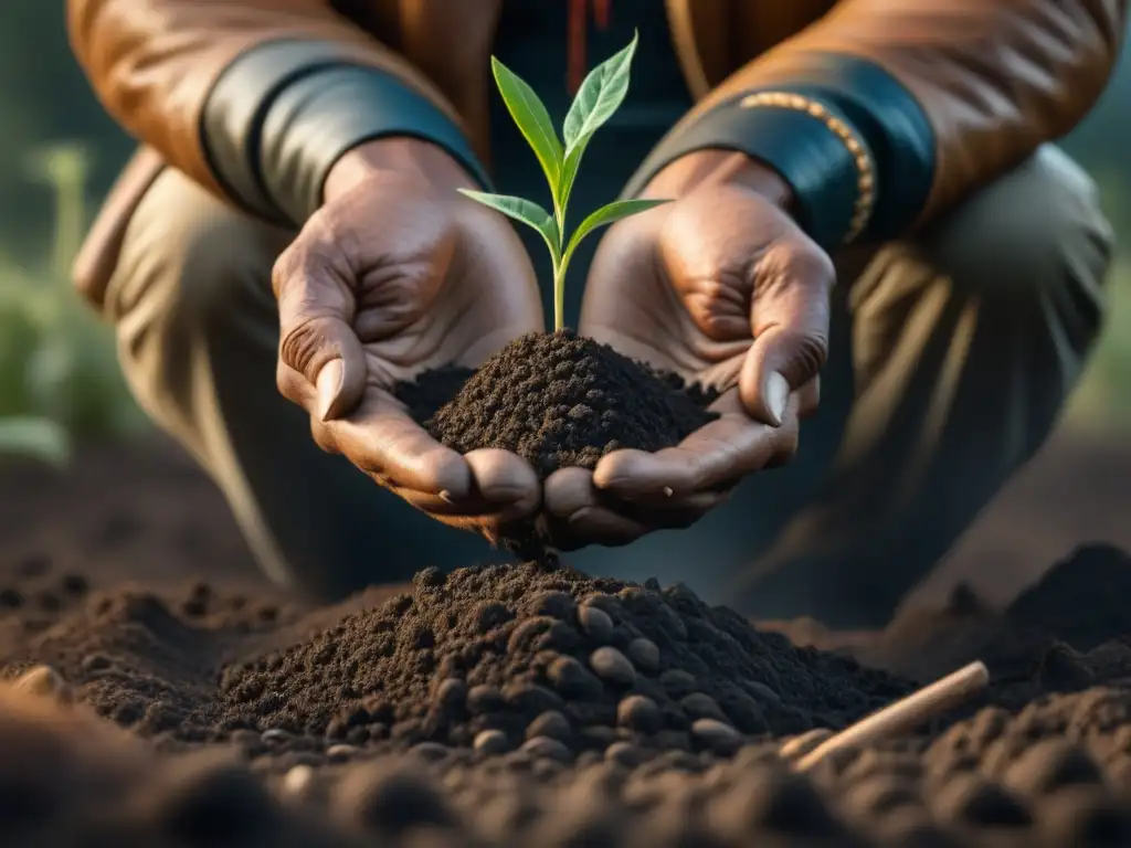 Un anciano nativo americano planta semillas de tabaco en la tierra oscura con sus manos resistentes