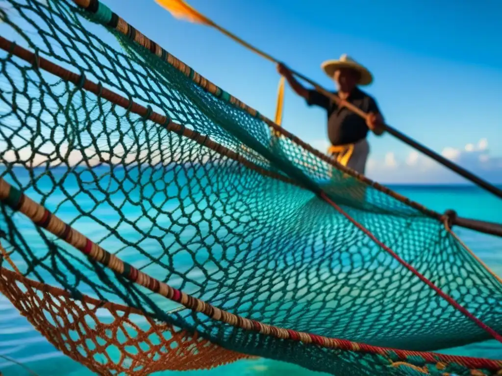 Un anciano pescador Maya repara una red de pesca tradicional, resaltando la importancia de la pesca en la dieta costera Maya