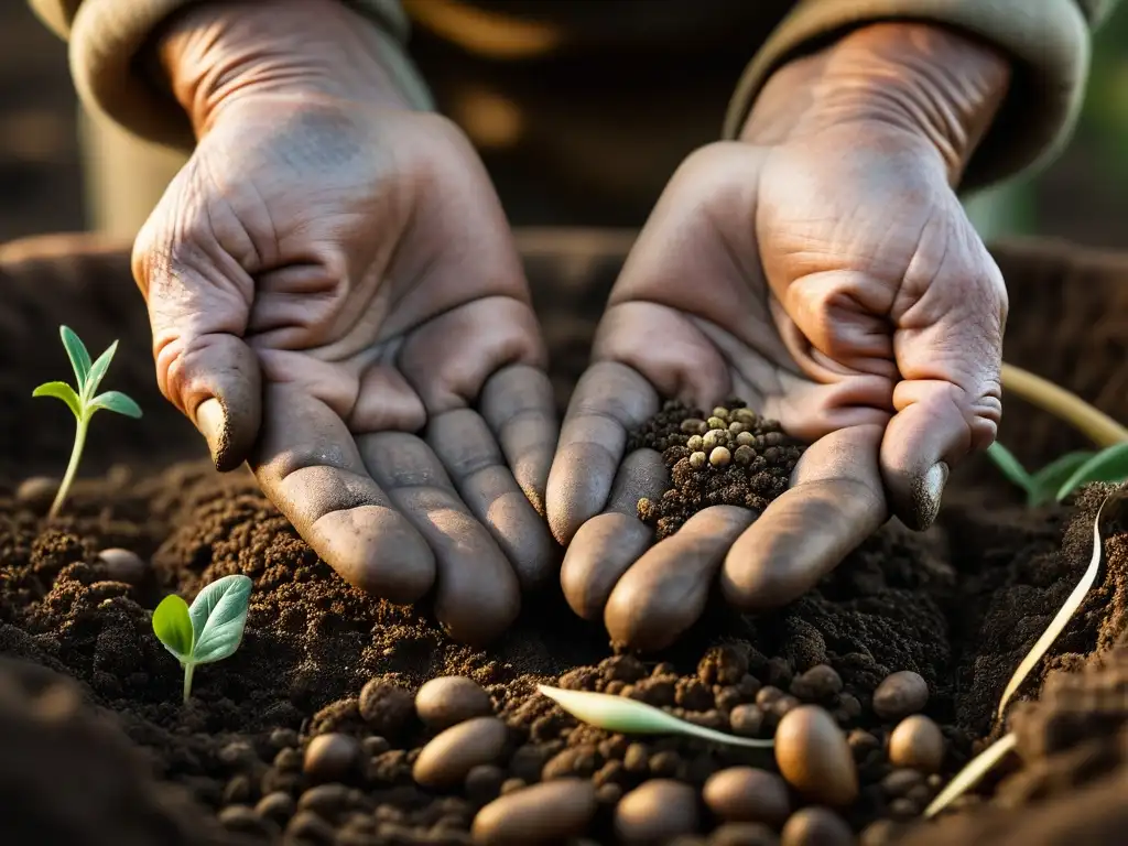 'Un anciano planta semillas heredadas en tierra fértil, reflejando la conexión entre humanidad y la tierra